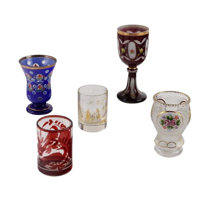 antigüedades, vidrio, antigüedades de vidrio, vidrio antiguo, vidrio italiano antiguo, vidrio antiguo, vidrio neoclásico, vidrio del siglo XIX, Grupo de cinco vasos