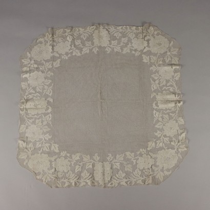 Antiker Tischdecke '900 Filet Baumwolle Elfenbein Stickereien Blumen