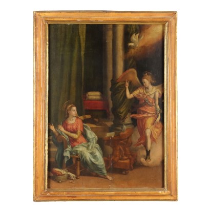 Antique Painting with The Announcement Oil on Hardboard Italy 500