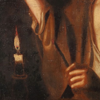 Peinture d'un jeune homme allumant une pipe