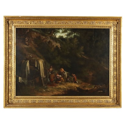 Antikes Gemälde Landschaft mit Figuren Malerei des XIX Jhs