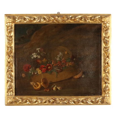 Antique Painting with Still Life Oil on Canvas XVIII Century