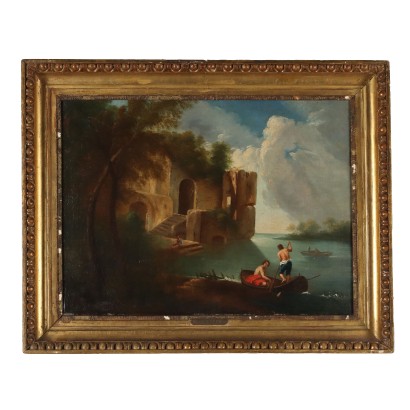 Dipinto Paesaggio con Fiume e Barche,Paesaggio fluviale con barche e figure