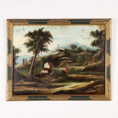 Antique Painting Landscape and Figures Oil on Canvas '700-'800