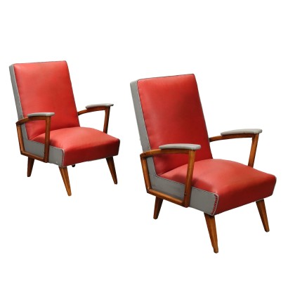 Pair of Vintage 1950s Armchairs Leatherette Beech