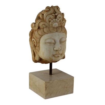 Antike Guanyin-Kopf aus Marmor Basis aus Travertin China '900