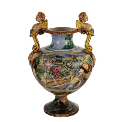 Antique Vase Painted Majolica Italy Early XX Century