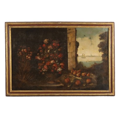 Antique Painting with Still Life Oil on Canvas Europe XVII Century