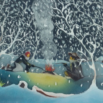 Naive painting by Mario Previ,The bonfire during the snowfall,Mario Previ,Mario Previ,Mario Previ,Mario Previ