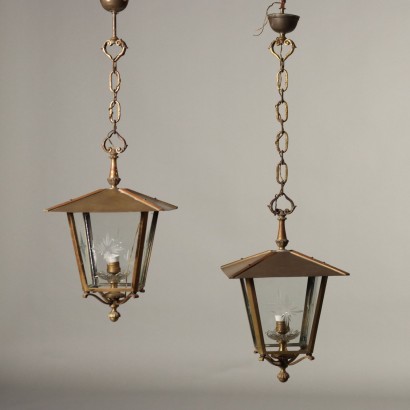Pair of Antique Lanterns Brass Glass Italy XX Century