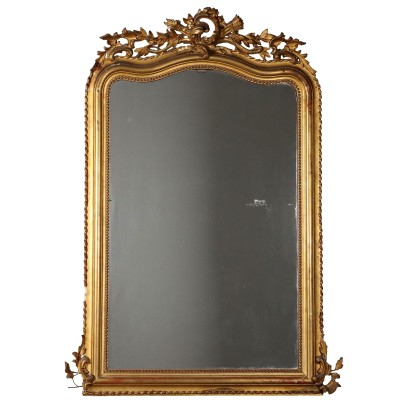 Miroir Éclectique Ancien en Bois Doré et Gravé du XIXe Siècle
